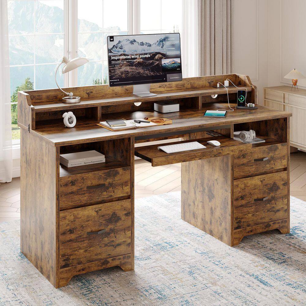 59 in. Rustic Brown Computer Desk with Charging Station, 4-Drawers and 2-Open Storage Spaces, with Adjustable Bookshelf