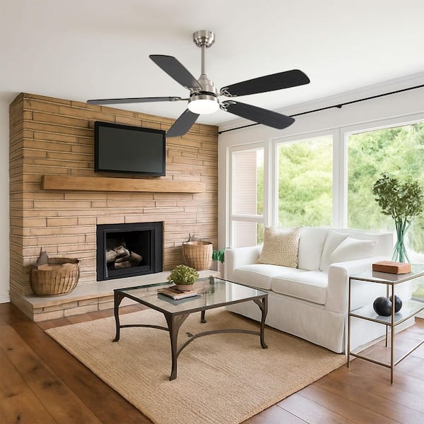 GlowAir 42 in. Brushed Nickel Housing and Black Blade Downrod Mount Standard Ceiling Fan with Integrated LED and Remote