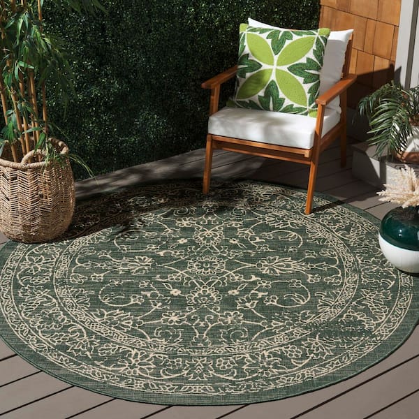 Courtyard Dark Green/Beige 7 ft. x 7 ft. Border Antique Floral Indoor/Outdoor Round Area Rug