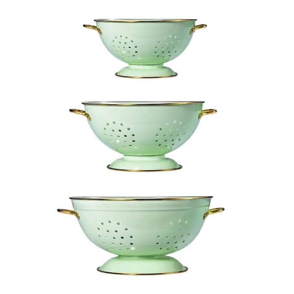 Metal Colander Set of 3 Strainer Basket with Handles for Kitchen, Solid Base Powder Coated Kitchen Strainer in Green