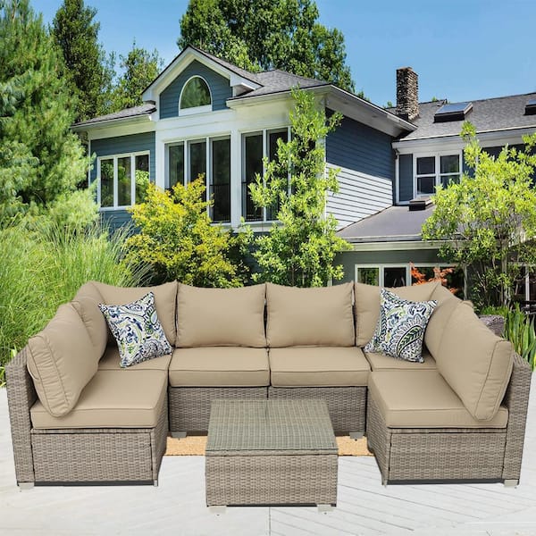 Runesay Outdoor Grey 7-Piece Wicker Patio Conversation Set with Grey Cushions and Pillows