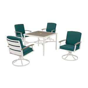 Marina Point 5-Piece White Steel Outdoor Patio Dining Set with CushionGuard Malachite Cushions & Painted Steel Tabletop