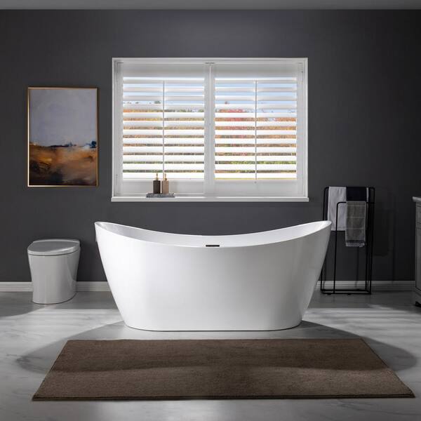 CAHON 67 in. Acrylic Flatbottom Freestanding Double Slipper Soaking Bathtub in White with Oil Rubbed Bronze Drain