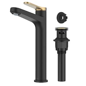 Indy Single Handle Vessel Sink Faucet in Spot-Free Brushed Brass / Matte Black with Pop Up Drain and Supply Lines