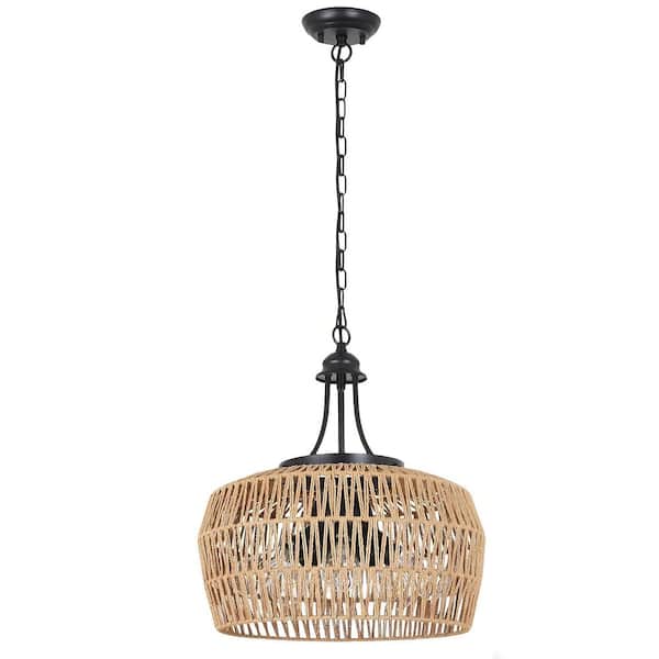 Caneo 18 in. 5-Light Woven Rattan Farmhouse Brown Chandelier Light With Woven Lampshade For Hallway, Island, Dining Room
