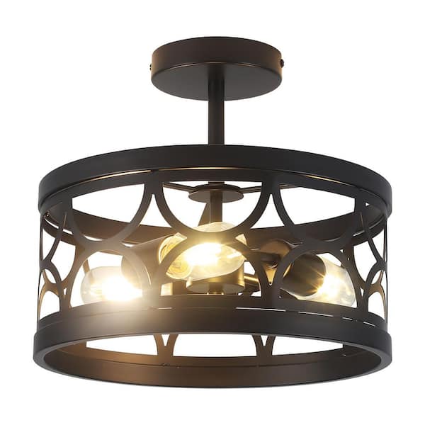 12.6 in. 3-Light Matte Black Round Drum Semi-Flush Mount with Cut-out Metal and No Bulbs Included