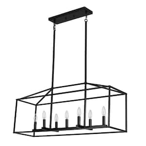 Entrekin 37 in. 7-Light Matte Black Modern Linear Kitchen Island Square/Rectangle Chandelier with Caged Metal Shade