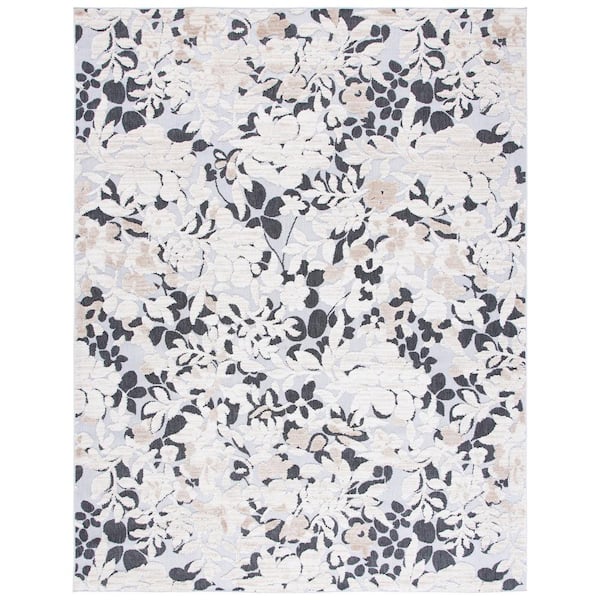 SAFAVIEH Cabana Ivory/Charcoal 9 ft. x 12 ft. Floral Striped Indoor/Outdoor Patio  Area Rug