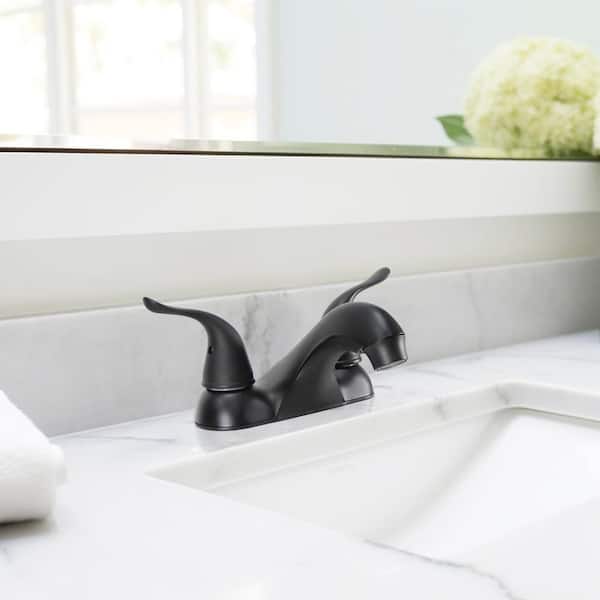 Double Handle Low-Rise Spout Lavatory Faucet with Matching Push Pop-Up in Matte Black