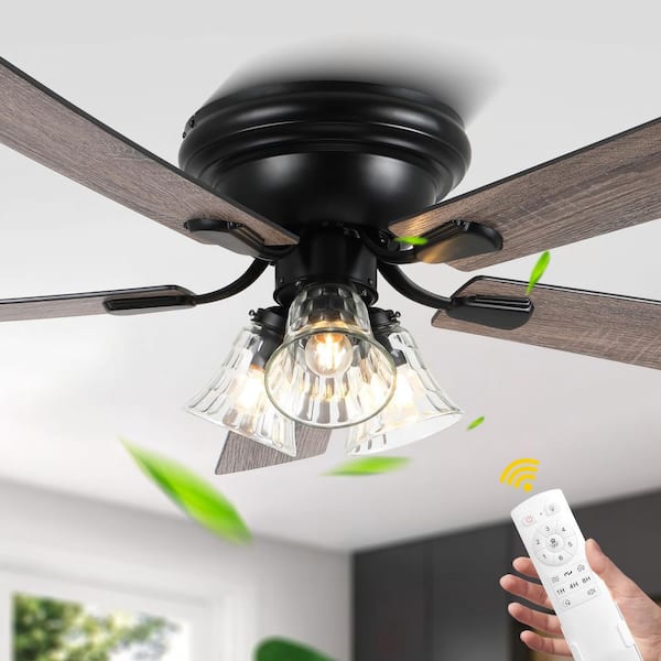 Aesthet 52 in. Indoor Matte Black Farmhouse Rustic Ceiling Fan with Glass Light Fixture, 5 Blades, 6-Speed DC Motor