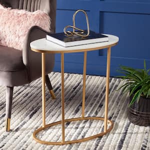 Tage 23 in. White/Gold Oval Faux Marble End Table