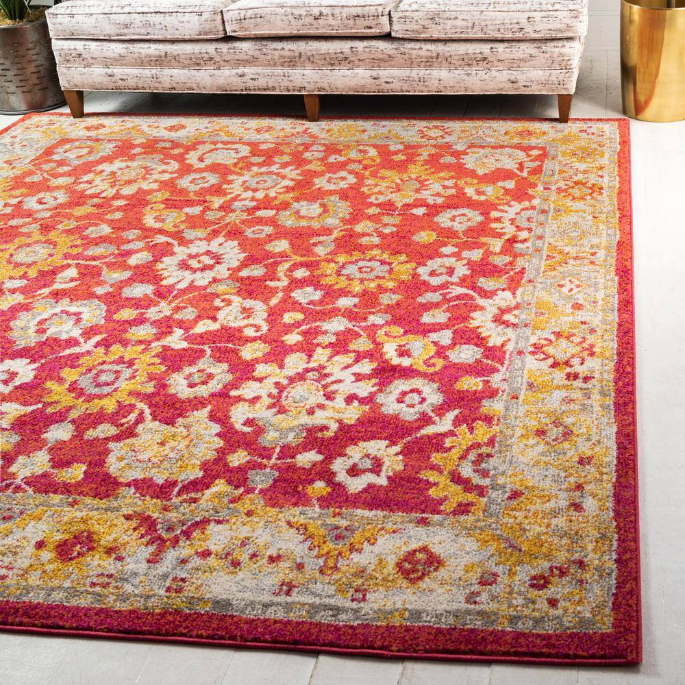 Rust Red Floral Square Stain-Resistant Synthetic Rug