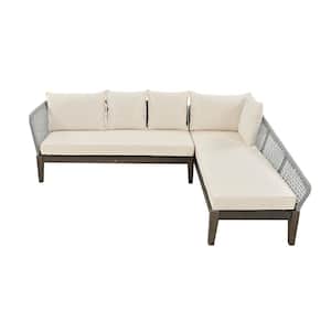 5-Person Wood L-Shaped Outdoor Seating Sectional with Beige Cushions Rope Waved Patio Sofa Set for Garden LawnPoolside