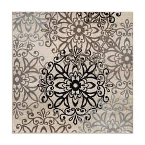 5 ft. Square Tan Gray and Black Square Floral Medallion Stain Resistant Area Rug