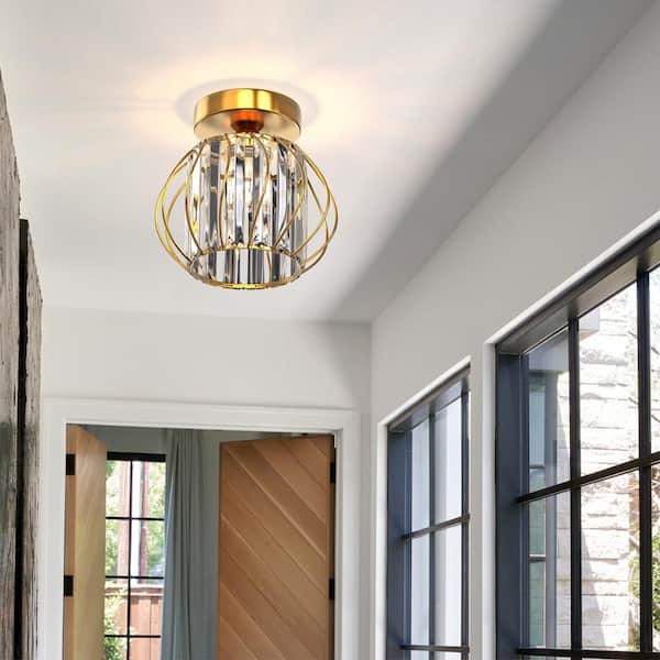 7 in. 1-Light Gold Modern Crystal Semi Flush Mount Ceiling Light for Hallway, Entryway, or Bedroom with Cage Design