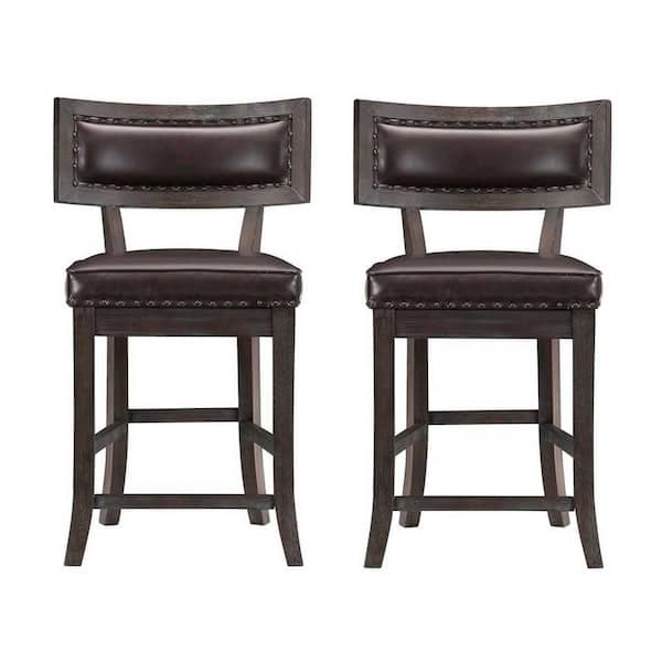 EVERGLADE HOME Bracknell 37.5 in. Distressed Dark Cherry Low Back Wood Frame Dining Bar Stool with Faux Leather Seat (Set of 2)