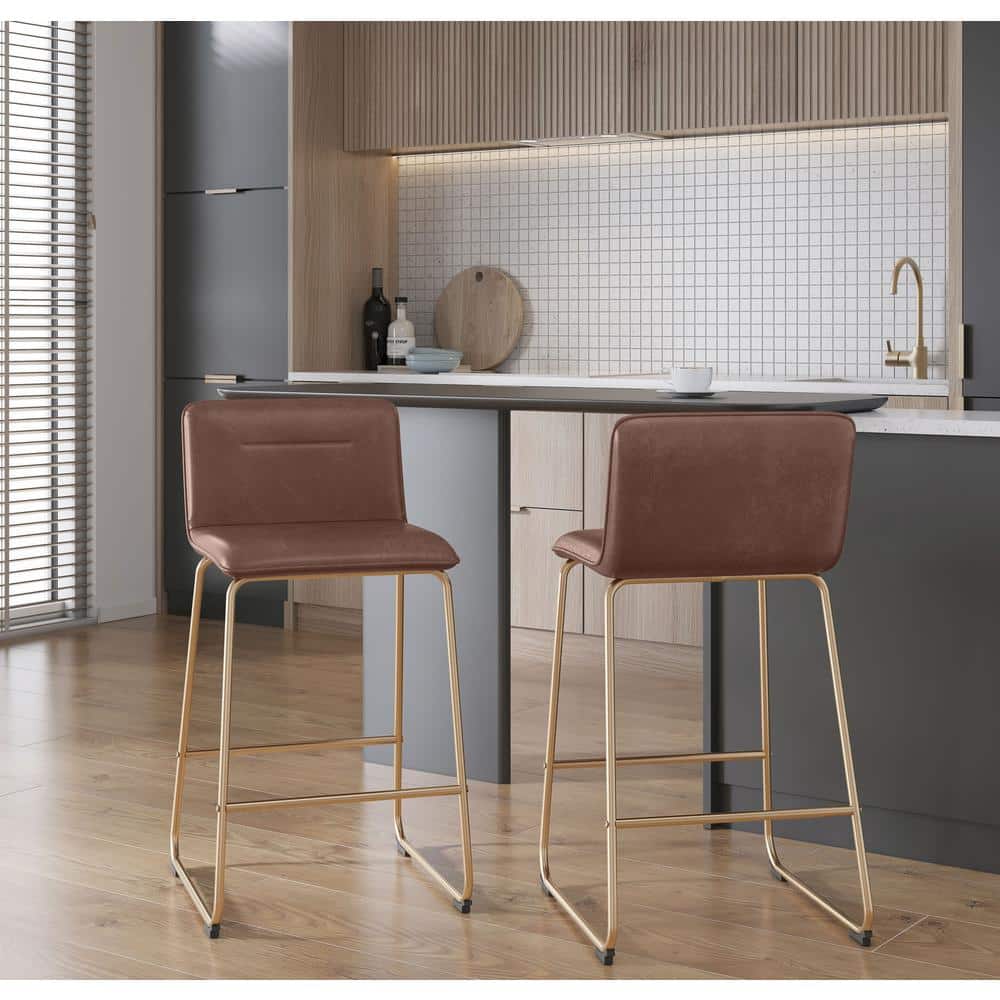 Gold Metal and Espresso Faux Leather Counter Stools