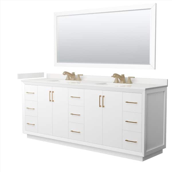 Wyndham Collection Strada 84 in. W x 22 in. D x 35 in. H Double Bath Vanity in White with White Quartz Top and 70 in. Mirror