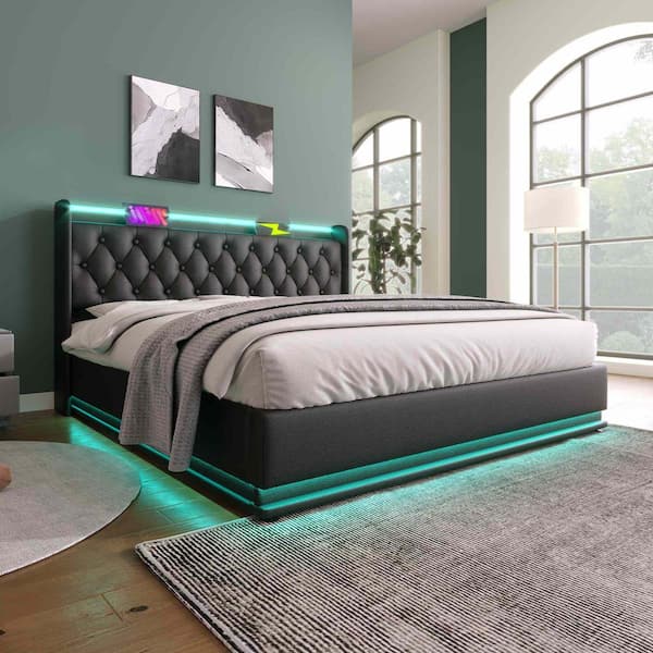 Black Wood Frame Full Size PU Leather Upholstered Platform Bed with Surround 360 LED Function and USB Type-C charging