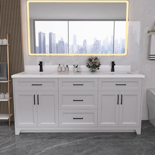 Staykiwi 72 in. W x 22 in. D x 34 in. H Double Sinks Freestanding Bath Vanity in Gray with White Engineered Stone Composite Top