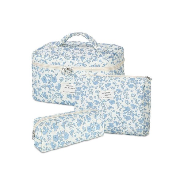 Floral Cotton Quilted Makeup Toiletry Bag Set, 3 Pack Large Cute Floral Toiletry Travel Cosmetic Organizer Bag for Women