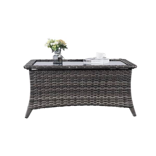 Opohoro ArcoBay Gray Rectangular Wicker Outdoor Coffee Table with Tempered Glass Top
