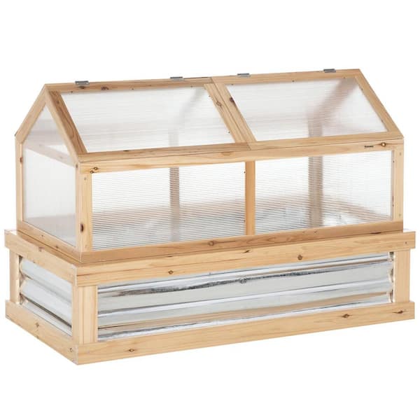Yellow Outsunny Raised Garden Bed with Polycarbonate Greenhouse, Wooden  48" x 24 x 32.3",Yellow,Wood