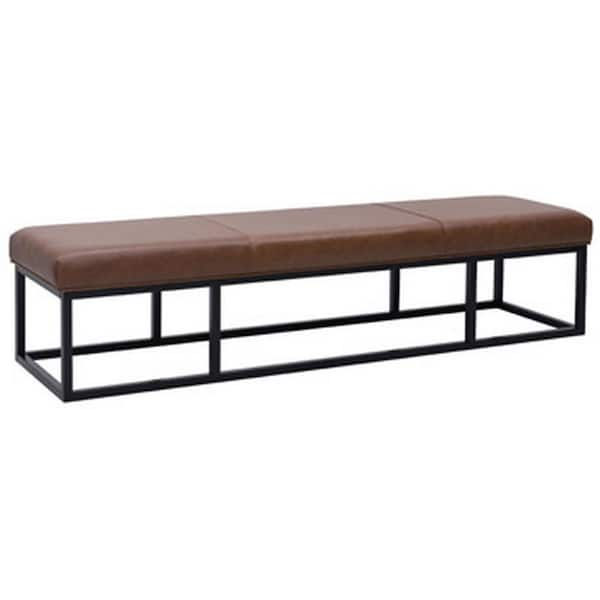 Black 71 in. Accent Backless Bedroom Bench with Brown Genuine Leather Cushioned Seat