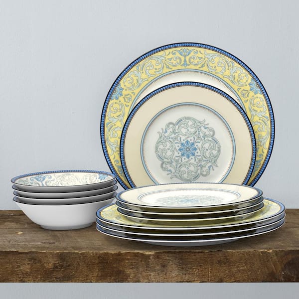 Menorca Palace 12-Piece (Blue/Yellow) Bone China Dinnerware Set, Service for 4