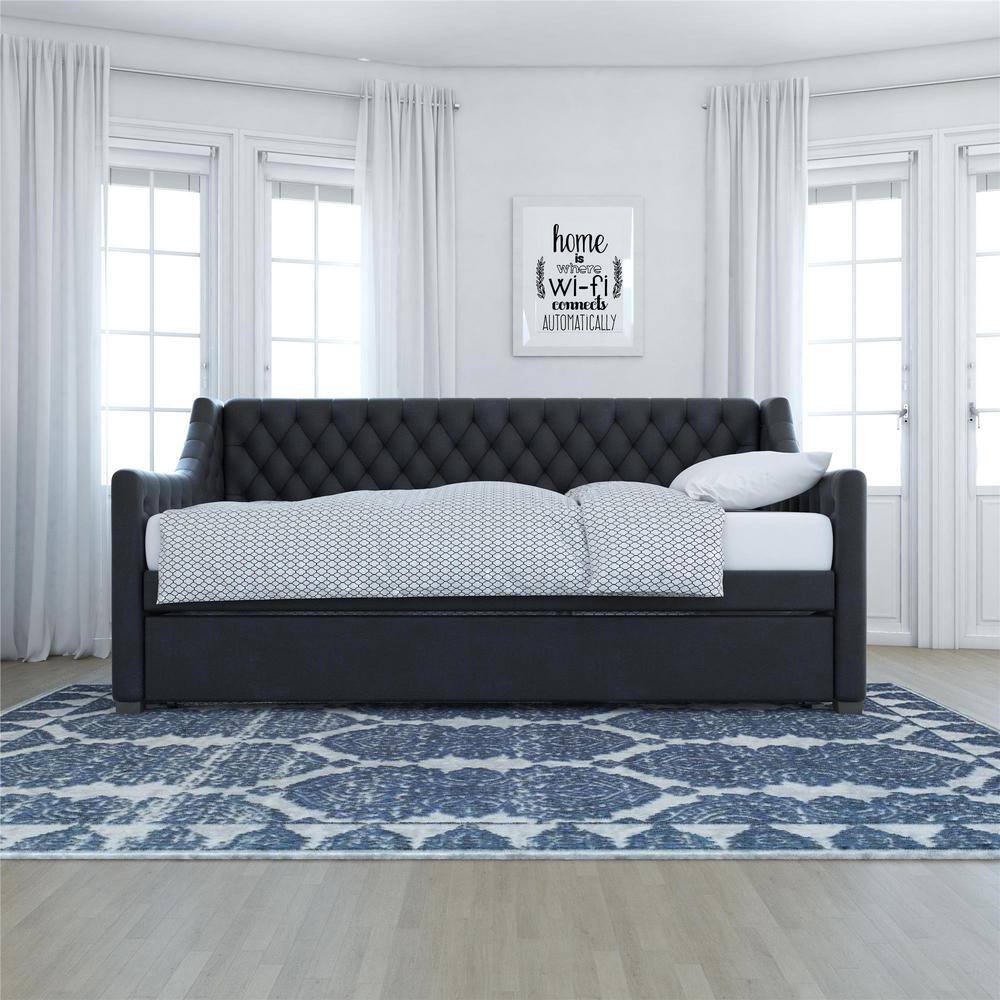 Navy Blue Velvet Twin Daybed with Trundle and Tufted Upholstery