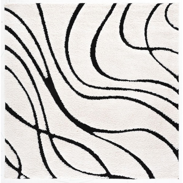 Florida Shag 10 ft. x 10 ft. Square Ivory/Black Solid Color Area Rug