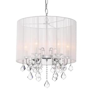 Belle 6-Light Chrome Glam Chandelier with White Threaded Drum Shade and Clear Glass Hanging Crystals