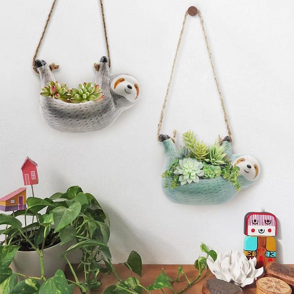 Unbranded 3.54 in. Ceramic White Indoor Outdoor Artificial Plant Sloth  Hanging Planter for Succulent Cactus Flower Pot 59B1124C1915