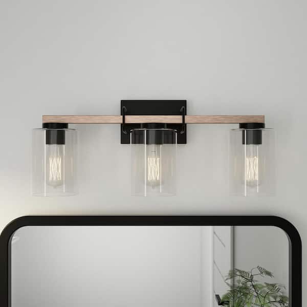 LANSEKI Holland 24.4 in. Farmhouse 3-Light Matte Black/Vintage Oak Dimmable Vanity Light with Clear Glass Shade