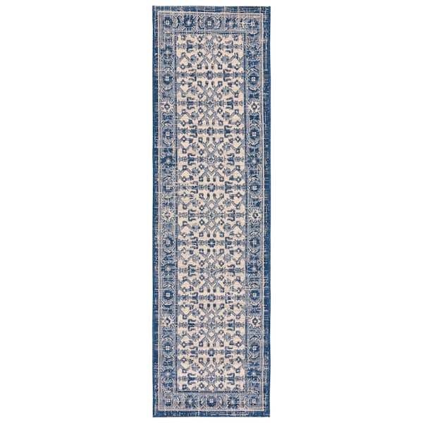 Courtyard Navy/Beige 2 ft. x 8 ft. Abstract Ornate Floral Indoor/Outdoor Runner Rug