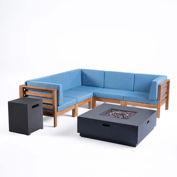 Noble House Malawi Teak Brown 7-Piece Wood Outdoor Patio Fire Pit Sectional Seating Set with Blue Cushions