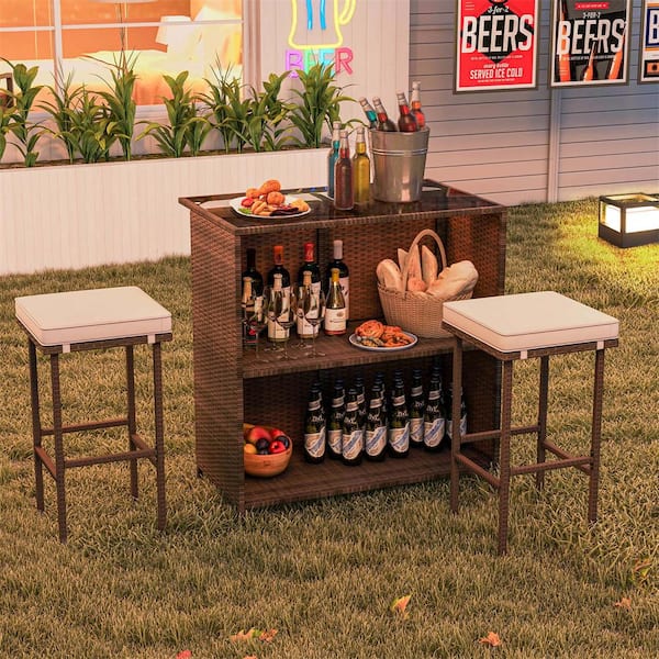 Costway 3-Piece Wicker Outdoor Serving Bar Set with Tempered Glass Tabletop and 2-Tier Storage Removable Beige Cushions