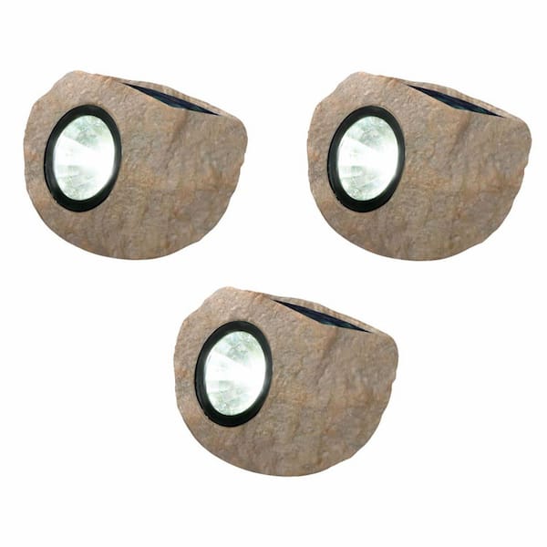 Sandstone White Faux Rock LED Outdoor Solar Path Light (3-Pack)