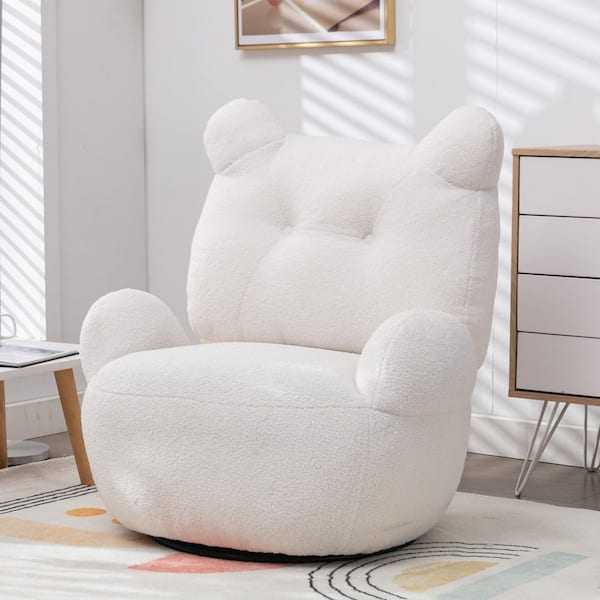 White Teddy Short Plush Particle Velvet Swivel Accent Chair with Bear  Backrest, Barrel ArmChair