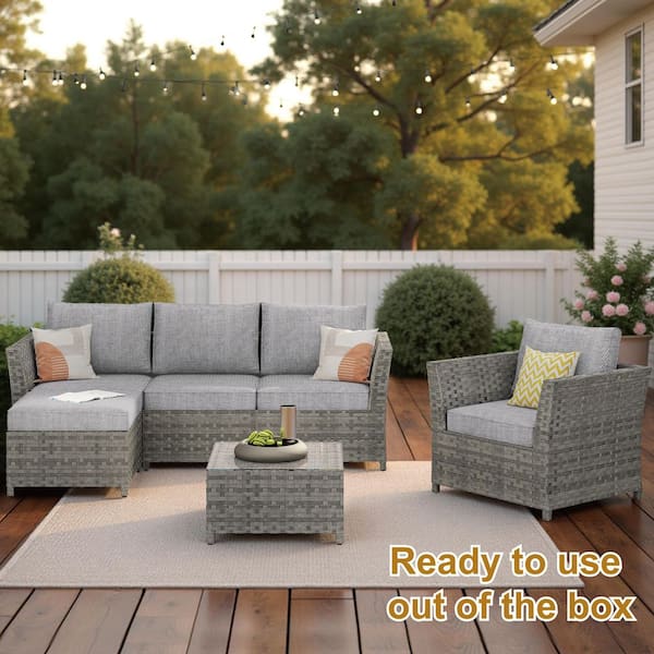 Bella Gray 6-Piece Wicker Outdoor Sectional Set with Dark Gray Cushions