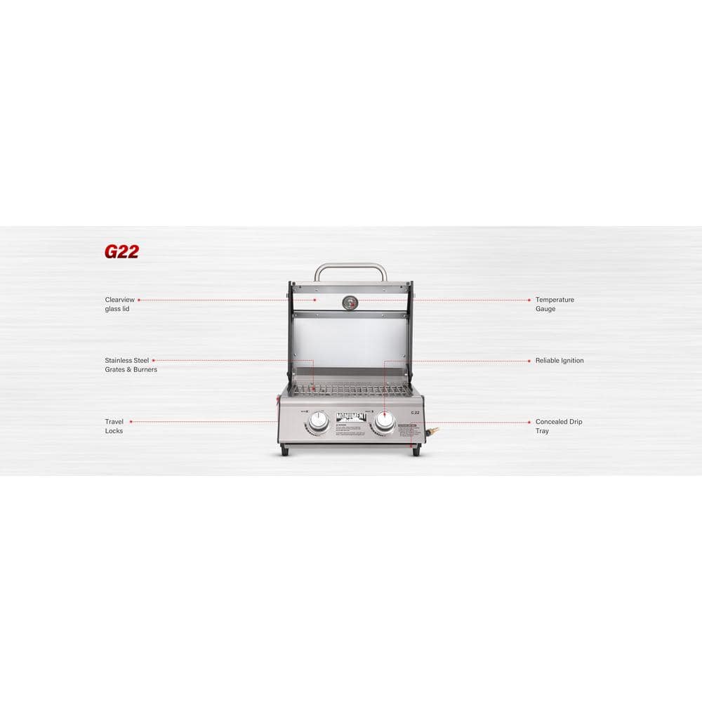 Portable Stainless Steel 2-Burner Propane Gas Grill with Clearview Lid