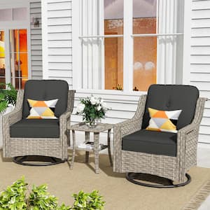 Eureka Grey 3-Piece Wicker Outdoor Patio Conversation Swivel Rocking Chair Seating Set with Black Cushions