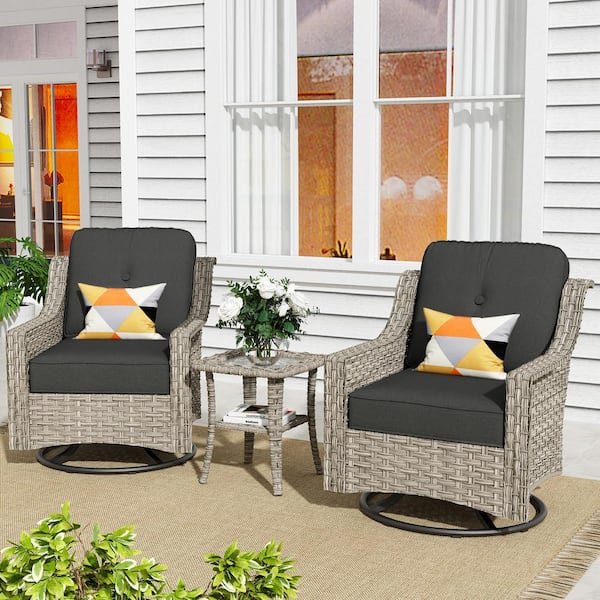 Toject Eureka Grey 3-Piece Wicker Outdoor Patio Conversation Swivel Rocking Chair Seating Set with Black Cushions