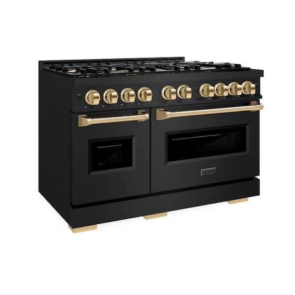 Classic 48 in. 8-Burner Gas Range with Double Oven in Black Stainless Steel and Polished Gold