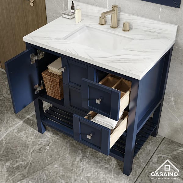 36 in. W x 22 in. D x 35.4 in. H Single Sink Solid Wood Bath Vanity in Navyblue with White Natural Marble Top and Mirror
