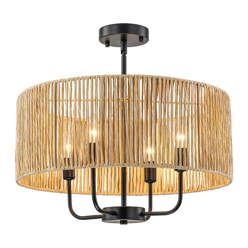 Rennnsan Josie 4-Light Black Boho Rattan Drum Chandelier CL8101