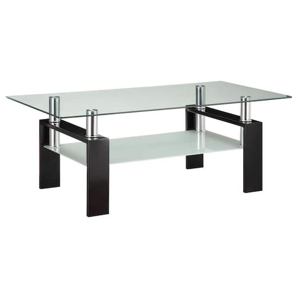 24 in. Black/Chrome Medium Rectangle Glass Coffee Table with Shelf