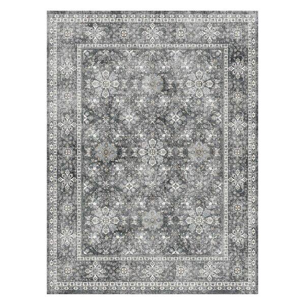 Area Rug, 8 x 10 ft. Washable Non-Slip Tear-Resistant Soft Carpet, Pet-Friendly Vintage Indoor Rug, Gray, 2025 Update