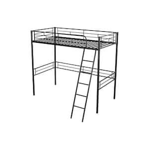 Black Metal Loft Bed with Full Length Guard Rails Bunk Bed Platform Bed with Ladder and Metal Slats Support