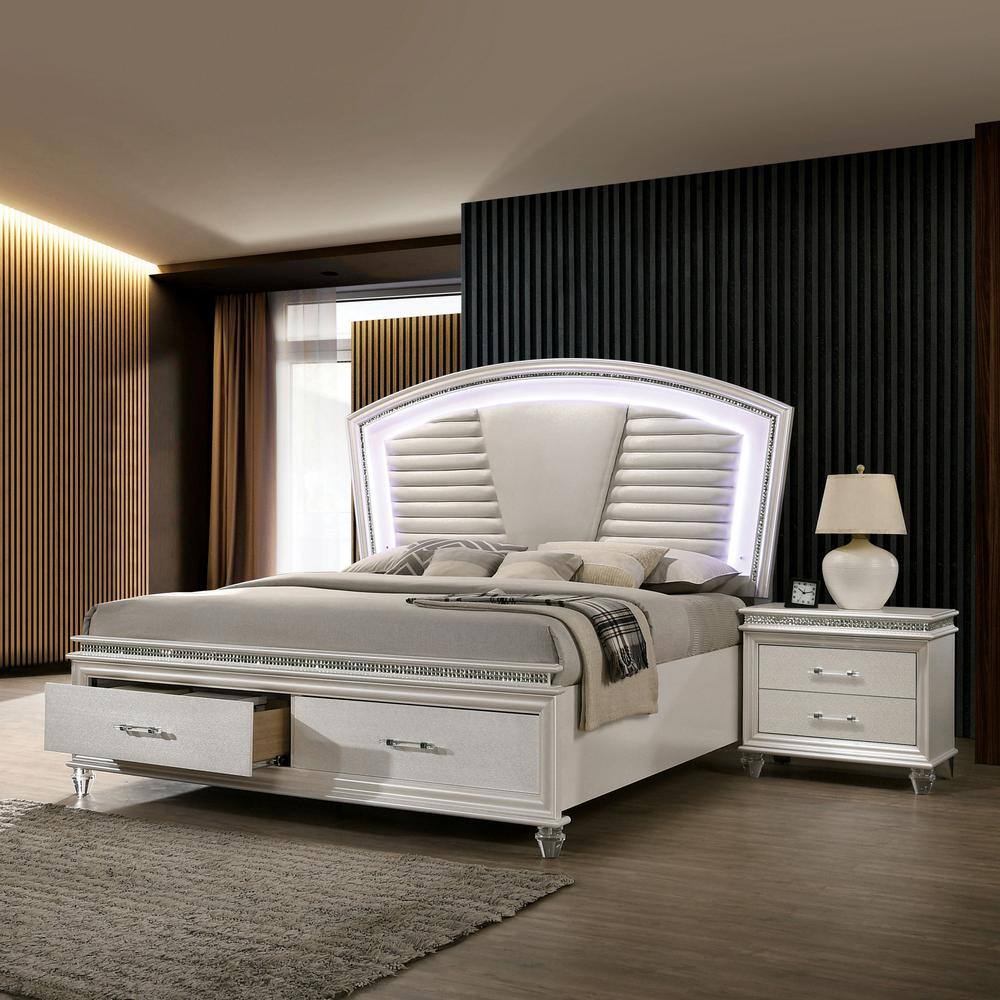 Litzler 2-Piece Glam Pearl White Wood King Bedroom Set with 2-Foot Drawers and Nightstand
